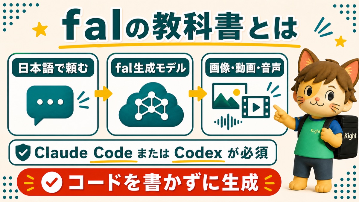 falの教科書がClaude CodeやCodexから画像・動画・音声を生成する流れの解説画像