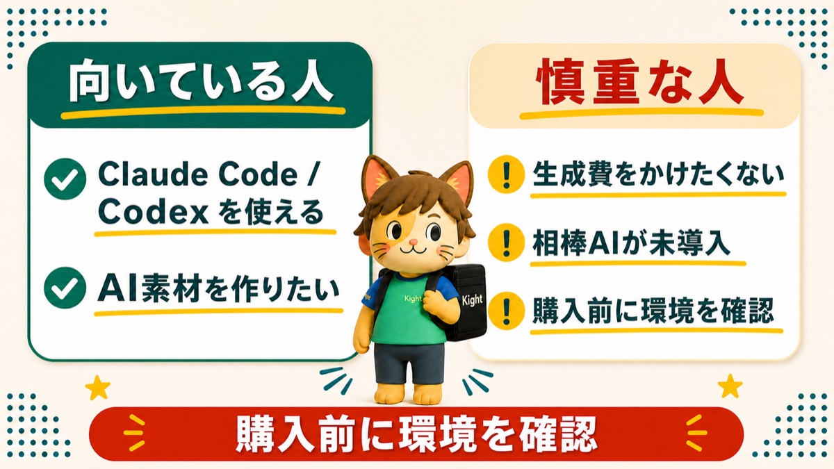 falの教科書が向いている人と慎重に検討したい人を比較し、購入前の環境確認を促す画像