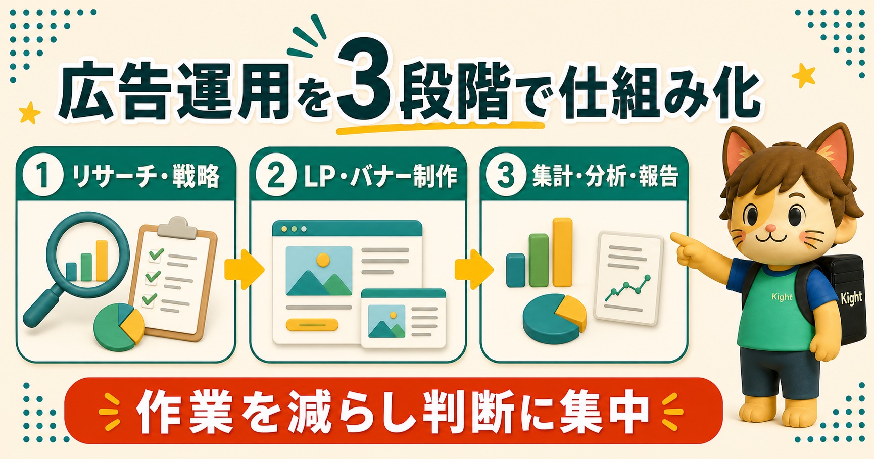 広告運用をリサーチ、制作、分析・報告の3段階で仕組み化するカイトくん