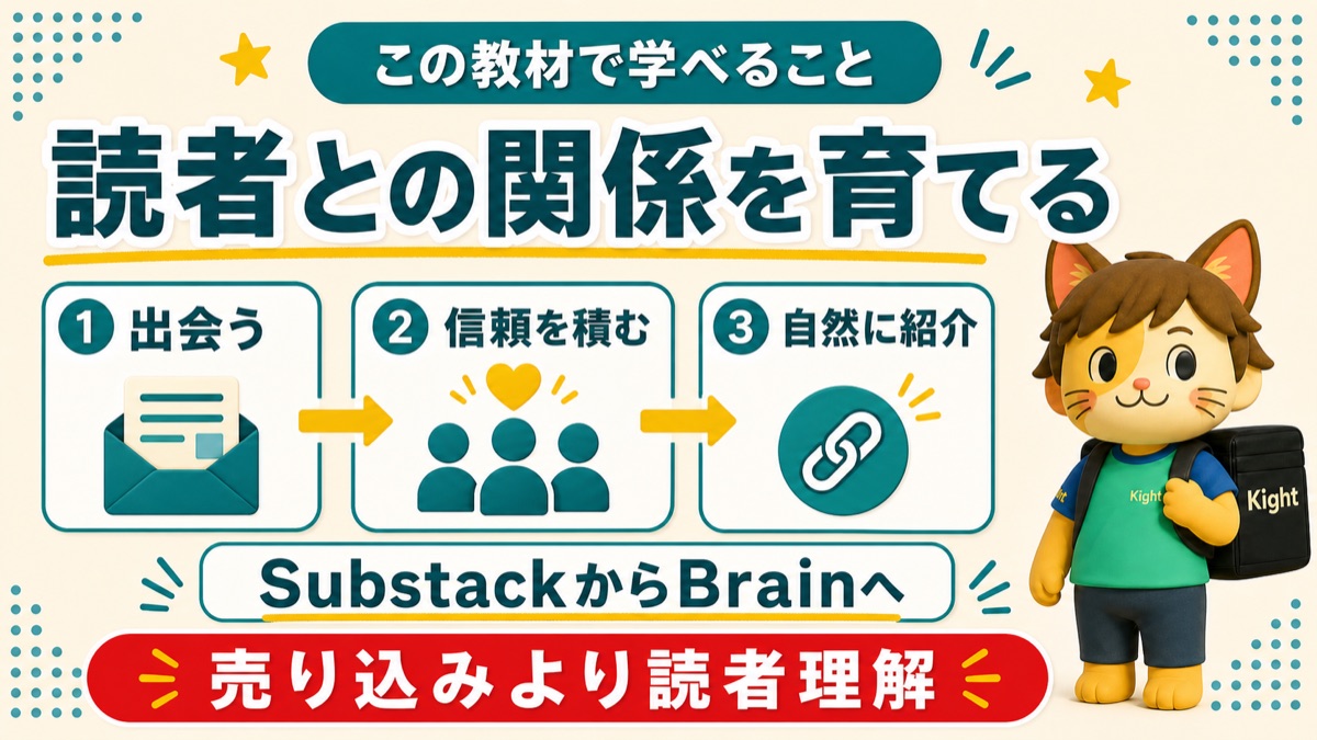 SubstackからBrainアフィリエイトへつなげる流れを解説するカイトくん